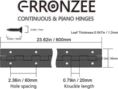 Miniatura 2 de Bisagras de piano resistentes de 24 x 1.2 pulgadas de ancho abierto, acero inoxidable, bisagra continua negra para gabinetes, puertas, cajas