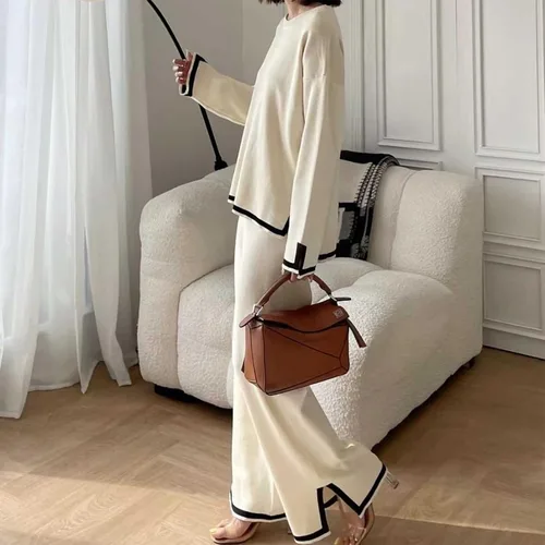 Miniatura 2 de MaLinfandor Conjunto de 2 piezas de suéter de punto para mujer, sudadera de manga larga, pantalones elásticos de pierna ancha, conjunto de ropa