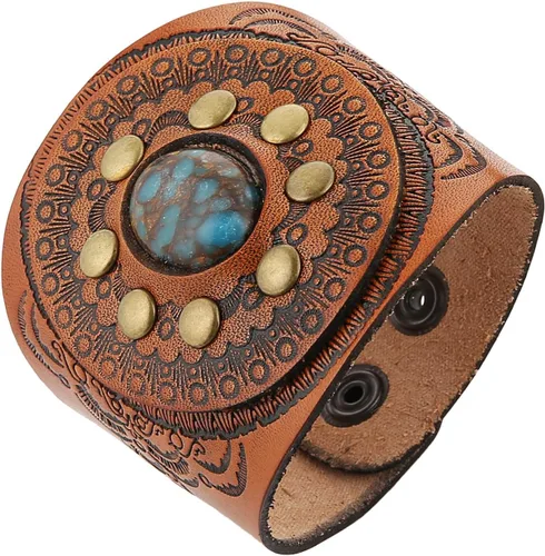 Miniatura 8 de HZMAN Pulsera de cuero turquesa vintage, ajustable, punk, girasol, para hombres y mujeres