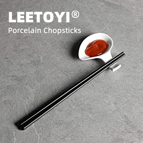 Miniatura 6 de LEETOYI Juego de 5 palillos de cerámica, palillos chinos de porcelana fáciles de limpiar, 9.6 pulgadas (negro)