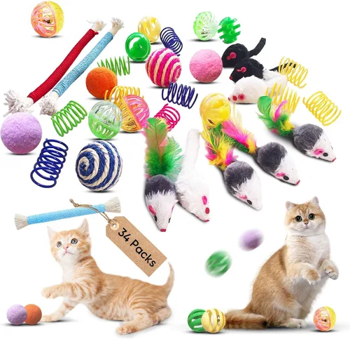 Juguetes para Gatos de Interior – 34 Paquetes Conjunto Interactivo con Resortes Coloridos, Juguete de Ratón, Cuerdas de Hierba Gatera, Pelotas,