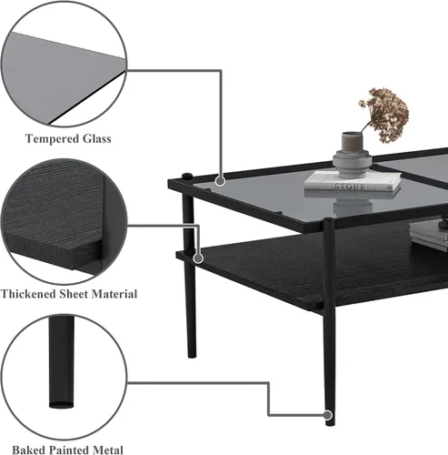 Miniatura 5 de Mesa de centro moderna rectangular con tapa de vidrio templado con estante de madera para el hogar, sala de estar, oficina, tienda o dormitorio