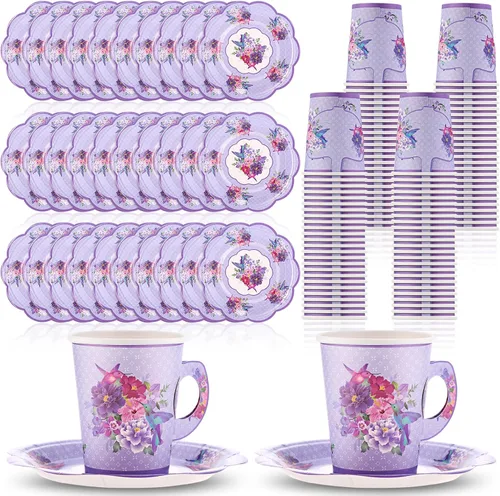 Mifoci Juego de 200 tazas y platos de papel floral de 9 onzas, tazas de té y platillos desechables, tazas de té y platillos de flores vintage con