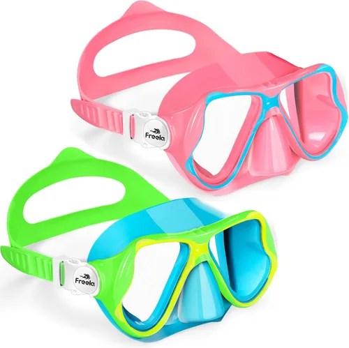 Miniatura 9 de Freela Paquete de 2 gafas de natación para niños y niñas de 3 a 14 años, lente de vidrio templado de 180° HD con cubierta de nariz para piscina