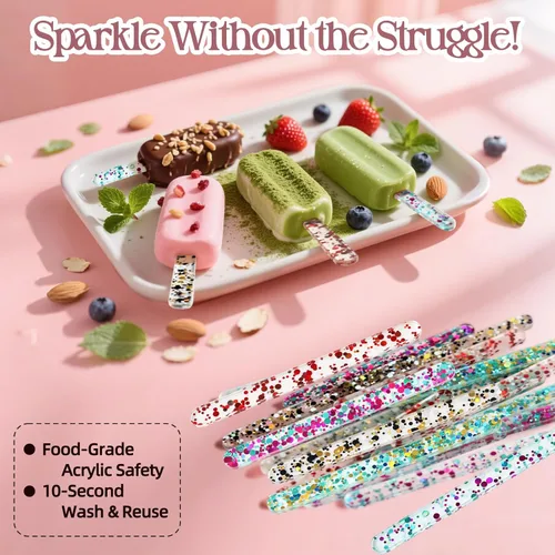 Miniatura 4 de 35 palitos de paletas acrílicas, palitos reutilizables con 5 colores, palitos de paletas con purpurina para bricolaje, desierto de dulces, desierto