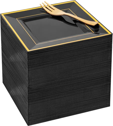 WDF - 200 platos de postre de plástico negro y dorado con tenedores de plástico, 100 platos cuadrados desechables para aperitivos, platos pequeños
