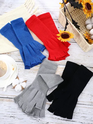 Miniatura 7 de Boao 4 pares de guantes largos de punto para mujer, sin dedos, guantes de invierno de medio dedo
