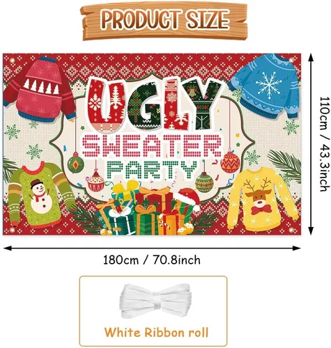 Miniatura 2 de AIBIIN Telón de fondo de fiesta de suéter feo para suéter de Navidad, decoración de fiesta, invierno, niños, fotomatón, pancarta de 6 x 3.6 pies