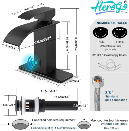 Miniatura 2 de Herogo - Grifo de lavabo de baño sin contacto, sensor automático, color negro mate, cascada de acero inoxidable, con drenaje desplegable de latón