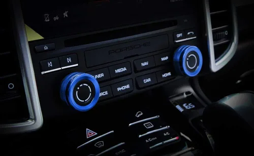 Miniatura 5 de iJDMTOY 2 cubiertas de anillo de aluminio deportivo azul con control de clima y radio para girador de volumen de radio compatibles con Porsche 2014