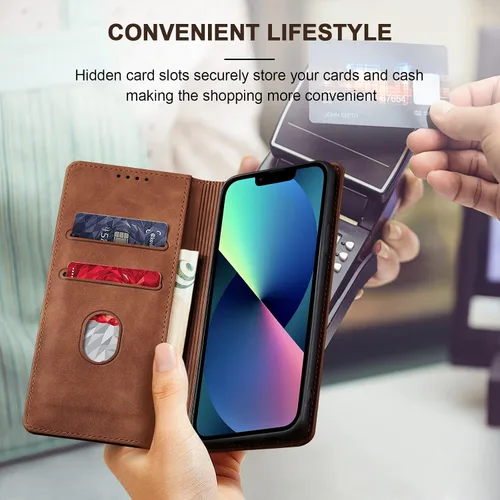 Miniatura 6 de Jasonyu Funda tipo cartera con tapa para iPhone 13, funda magnética de cuero con tarjetero y función atril, funda protectora duradera de TPU a Marrón