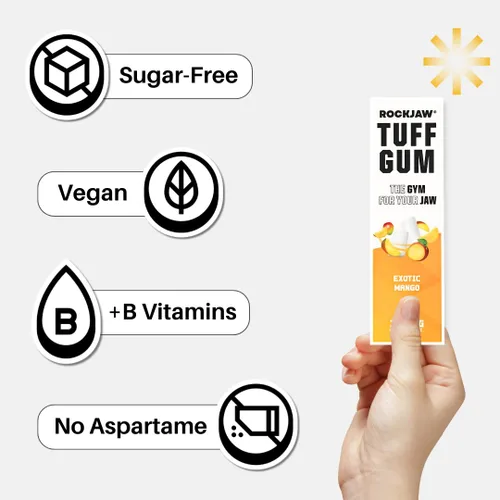 Miniatura 5 de ROCKJAW® Tuff Gum 2.0 con vitaminas B (sin tim), paquete de 10 unidades, 100% xilitol, sin aspartamo, sin azúcar (mango exótico)
