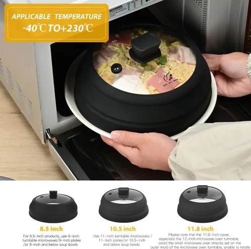 Miniatura 2 de Tapa protectora contra salpicaduras de microondas, cubierta de vidrio con silicona plegable para cubiertas de platos de 8.5 pulgadas, color negro
