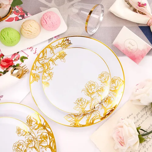 Miniatura 4 de DaYammi 210 platos de plástico dorados, vajilla desechable floral de oro blanco que incluye 30 platos llanos, 30 platos de ensalada, 30 servilletas