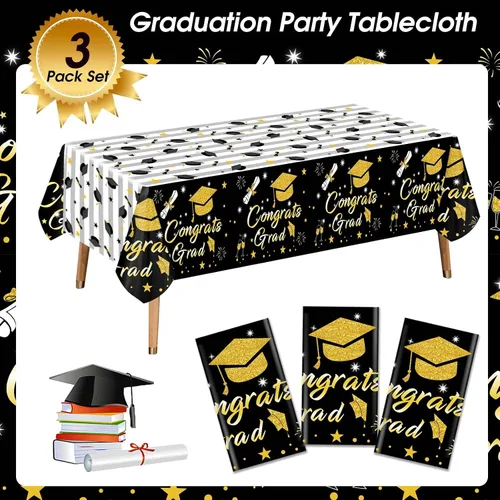 Miniatura 2 de Mantel de graduación 2026, paquete de 3 manteles gruesos negros y dorados de 54 x 108 pulgadas, fundas de mesa desechables de plástico