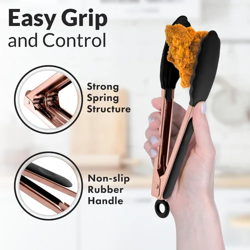 Miniatura 5 de Zulay Pinzas de cocina de acero inoxidable con puntas de silicona, juego de 2 pinzas de cocina con bloqueo (9 y 12 pulgadas) con agarre