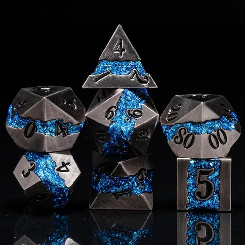 Dados poliédricos DND de metal, juego de dados metálicos con purpurina a rayas grandes, juego de 7 dados plateados antiguos para juegos de rol