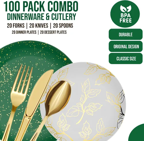 Miniatura 5 de Trendables Platos de Navidad desechables 100 piezas de vajilla navideña, juego de platos de plástico de Navidad incluye: 20 platos llanos de 10