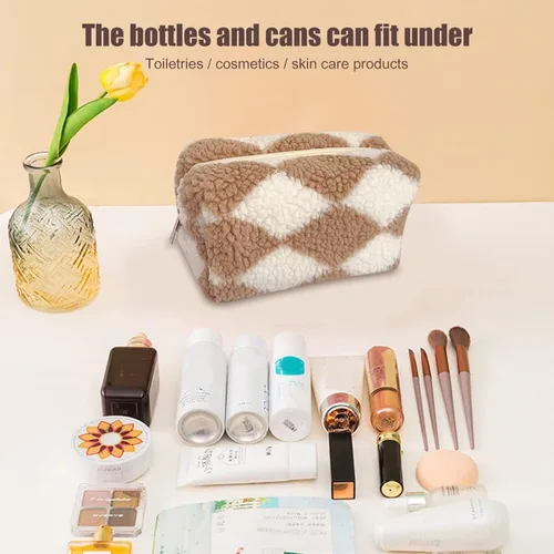 Miniatura 5 de Bolsa de Maquillaje a Cuadros de Felpa Bolsa de Cosméticos Estética a Cuadros Bolsos de Mano Lindos con Cremallera Bolsa de Viaje para Artículos