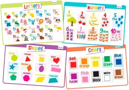 Miniatura 7 de Merka Paquete de 4 manteles individuales educativos para niños y niños pequeños, reutilizable, lavable con agarre seguro en la parte trasera