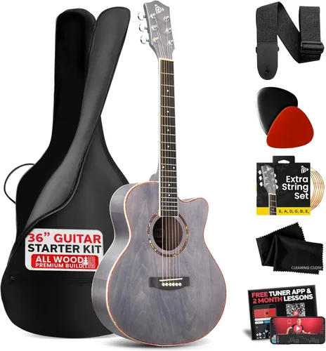 Pyle Kit de guitarra acústica, 3/4 tamaño junior, instrumento de cuerdas de acero totalmente de madera para niños principiantes, adultos, 36 Gris