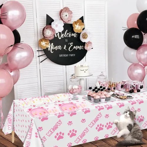 Miniatura 4 de 81 piezas de decoraciones de fiesta de cumpleaños de gatos, incluyendo platos de gato rosa y blanco, servilletas para mascotas y mantel MEOW
