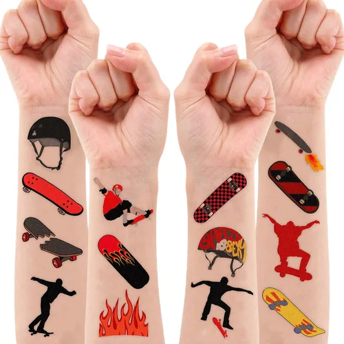 Miniatura 9 de 96 tatuajes temporales precortados para patineta, decoraciones de fiesta de cumpleaños con temática de patinaje, divertidas calcomanías para niños