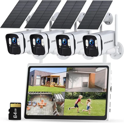 Cámaras de seguridad solar inalámbricas para exteriores: Sistema de seguridad wifi para el hogar con batería solar de 2.5K/4MP UHD, monitor LCD de