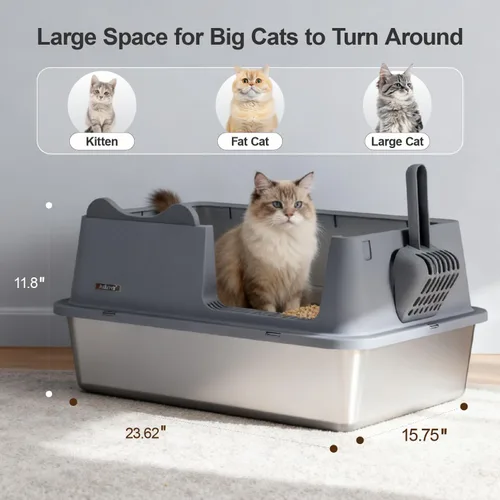 Miniatura 3 de Caja de arena de acero inoxidable para gatos, caja de arena de metal de alta cara abierta con cuchara, cajas de arena extra grandes para gatitos