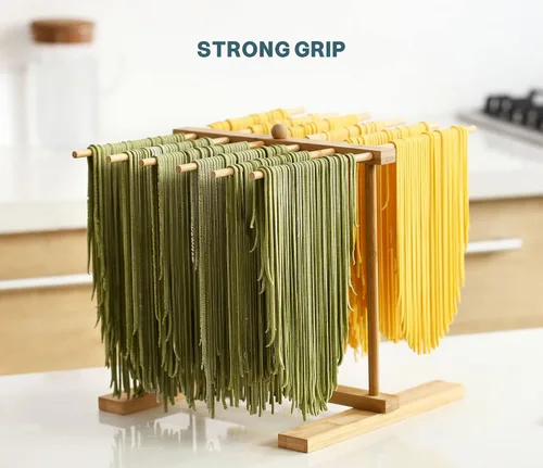 Miniatura 3 de Estante de secado de pasta de bambú con varita de transferencia y 12 barras, fácil de transferir para secar pasta y cocinar, diseño de suspensión