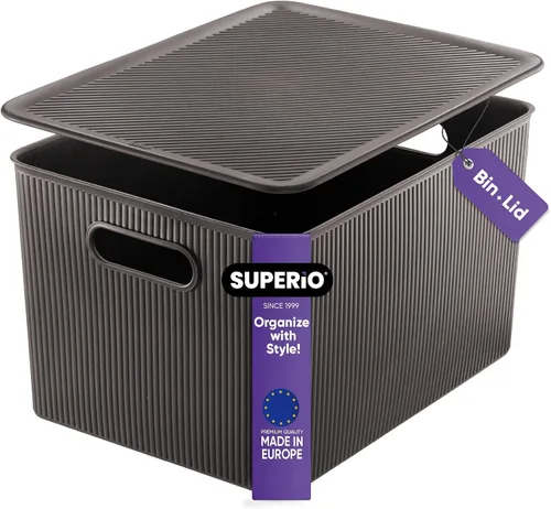 Superio Ribbed Collection – Cesta decorativa de plástico con tapa para el hogar, tamaño XL, color marrón (paquete de 1 – 22 litros), caja apilable