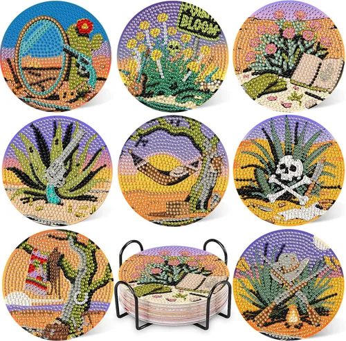 Miniatura 13 de DOTZSO Juego de 8 posavasos de arte de diamante con soporte, kits de arte de diamantes para adultos principiantes, pequeños posavasos de pintura