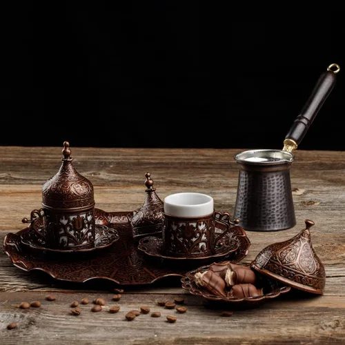 Miniatura 5 de Juego completo de preparación y servicio de café turco, griego y árabe DEMMEX con tazas, platillos, tapas, azucarero, bandeja y cafetera de cobre