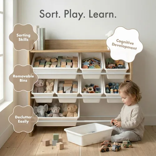 Miniatura 6 de Humble Crew Organizador de almacenamiento de juguetes con estante superior y 9 contenedores extraíbles, natural/blanco, estantería para niños Madera