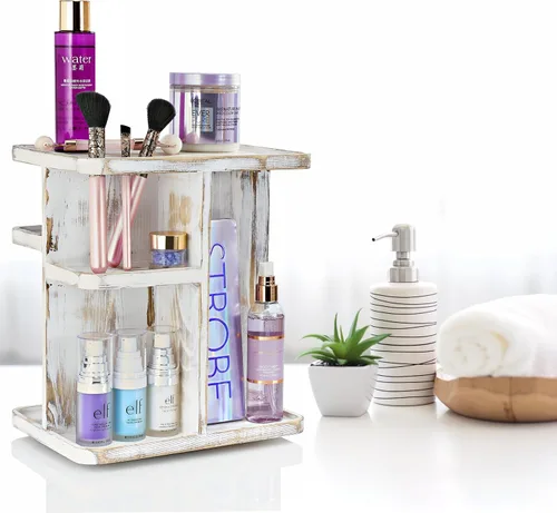 Miniatura 6 de Sorbus Organizador de Maquillaje de 360° - Carrusel de Almacenamiento de Madera Rústica Gris para Cosméticos, Maquillaje, Organizador de Cuidado