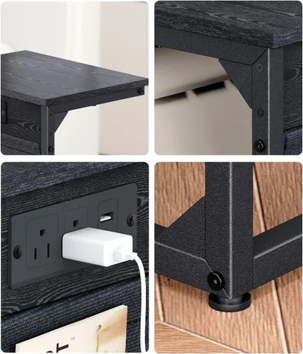 Miniatura 7 de Mesa auxiliar en forma de C con estación de carga rápida, mesa lateral pequeña para sofá con bolsa de almacenamiento, bandeja de TV para sofá