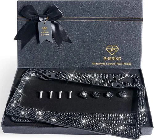 Miniatura 8 de Shering Marco de matrícula brillante, paquete de 2 marcos de matrícula con caja de regalo de primera calidad para mujeres, marcos de matrícula