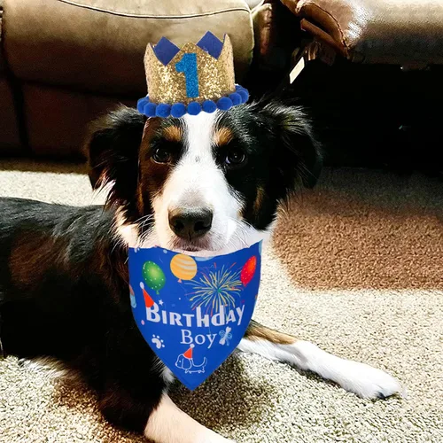 Miniatura 2 de ADOGGYGO Conjunto de gorro bandana para perro para suministros de fiesta de cumpleaños, bufanda de cumpleaños para mascotas para perros medianos