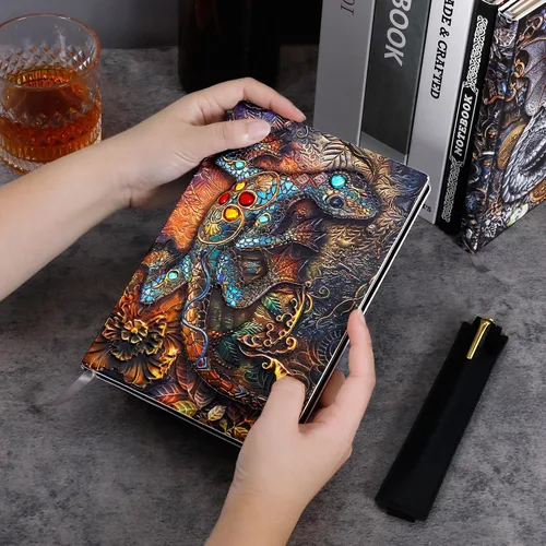 Miniatura 5 de FEIDIAO Cuaderno de Cuero con Relieve de Lagarto Vintage, Cuaderno DND, Diario de Viaje con Bolígrafo y Funda para Bolígrafo, Diario de Cuero PU