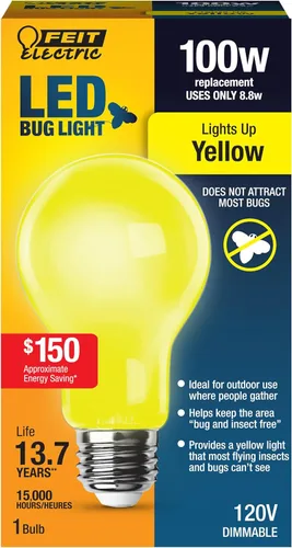 Feit Electric A19 - Luz LED para insectos para exteriores, equivalente a 100 W, bombilla LED regulable, base mediana E26, 800 lúmenes, 120 V, vida