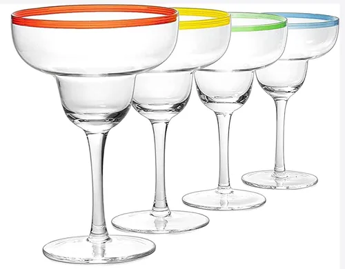 Miniatura 8 de Vasos de cóctel Margarita de 12 onzas + bordes coloridos para fiesta, juego de 4, resistentes, gruesos, soplados a mano, copas clásicas de bebidas
