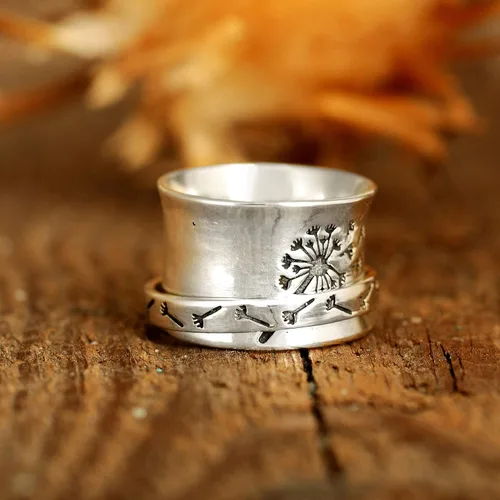 Miniatura 7 de Boho-Magic Anillo giratorio de plata de ley 925 para mujer, diseño de flor de diente de león para aliviar la ansiedad, banda ancha, Metal,