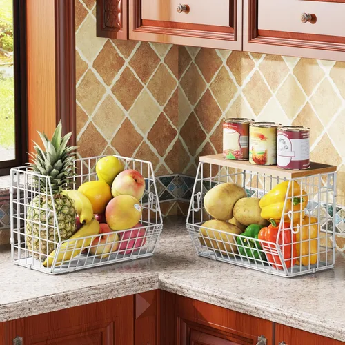 Miniatura 6 de Cesta de alambre para fruta, color blanco, cesta de almacenamiento de frutas y verduras, cesta de frutas para encimera de cocina, apilable