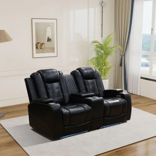 Miniatura 5 de Juego de sofá reclinable eléctrico de cuero con LED, juego de muebles de sala de estar, juego de sofá de cuero con puerto USB, consola