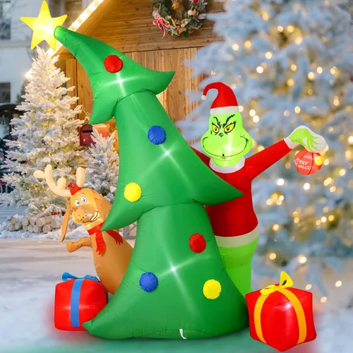 Miniatura 5 de Hioasis Decoración inflable de Navidad para exteriores de 9 pies, árbol con monstruo verde de Navidad, perro y cajas de regalo con luces LED