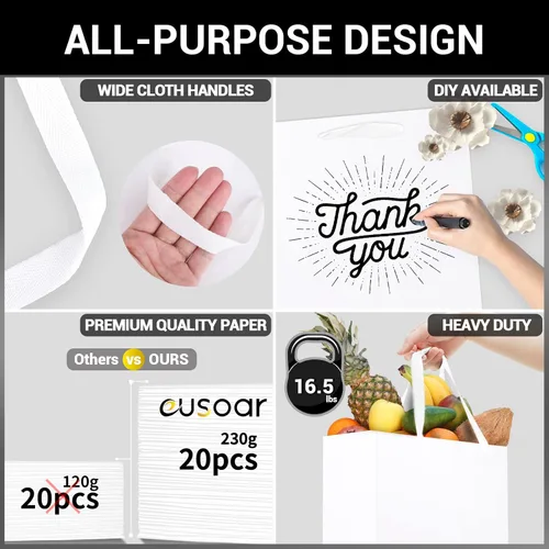 Miniatura 3 de EUSOAR Bolsas de papel kraft blancas, 20 bolsas de papel de 9.8 x 5.1 x 12.6 pulgadas, bolsa de regalo con asas, bolsa de almuerzo de papel