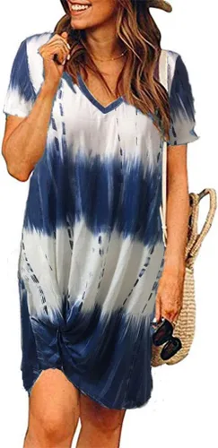 Locryz - Vestido de verano con nudo torcido para mujer, diseño informal tipo camiseta, de manga corta y cuello en V
