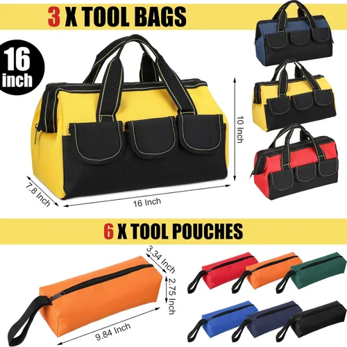 Miniatura 2 de Sanwuta 9 bolsas de herramientas para hombres, 3 bolsas de herramientas de boca ancha resistentes y 6 bolsas pequeñas impermeables
