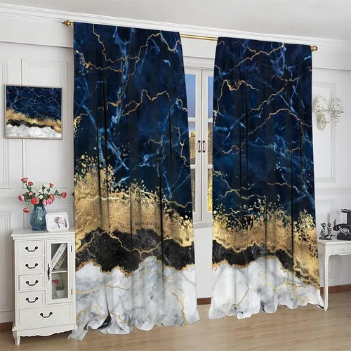 Miniatura 4 de Cortinas abstractas de mármol de lujo de lujo azul marino dorado a rayas con patrón de mármol estampado para dormitorio, sala de estar, cortinas