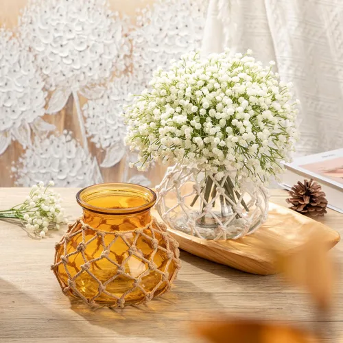 Miniatura 6 de Hollyone Jarrón de vidrio ámbar con cubierta de cuerda de algodón, jarrón redondo de vidrio tejido, botella de flores decorativa, jarrón moderno